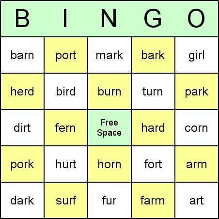 R-Controlled Vowel Bingo Card